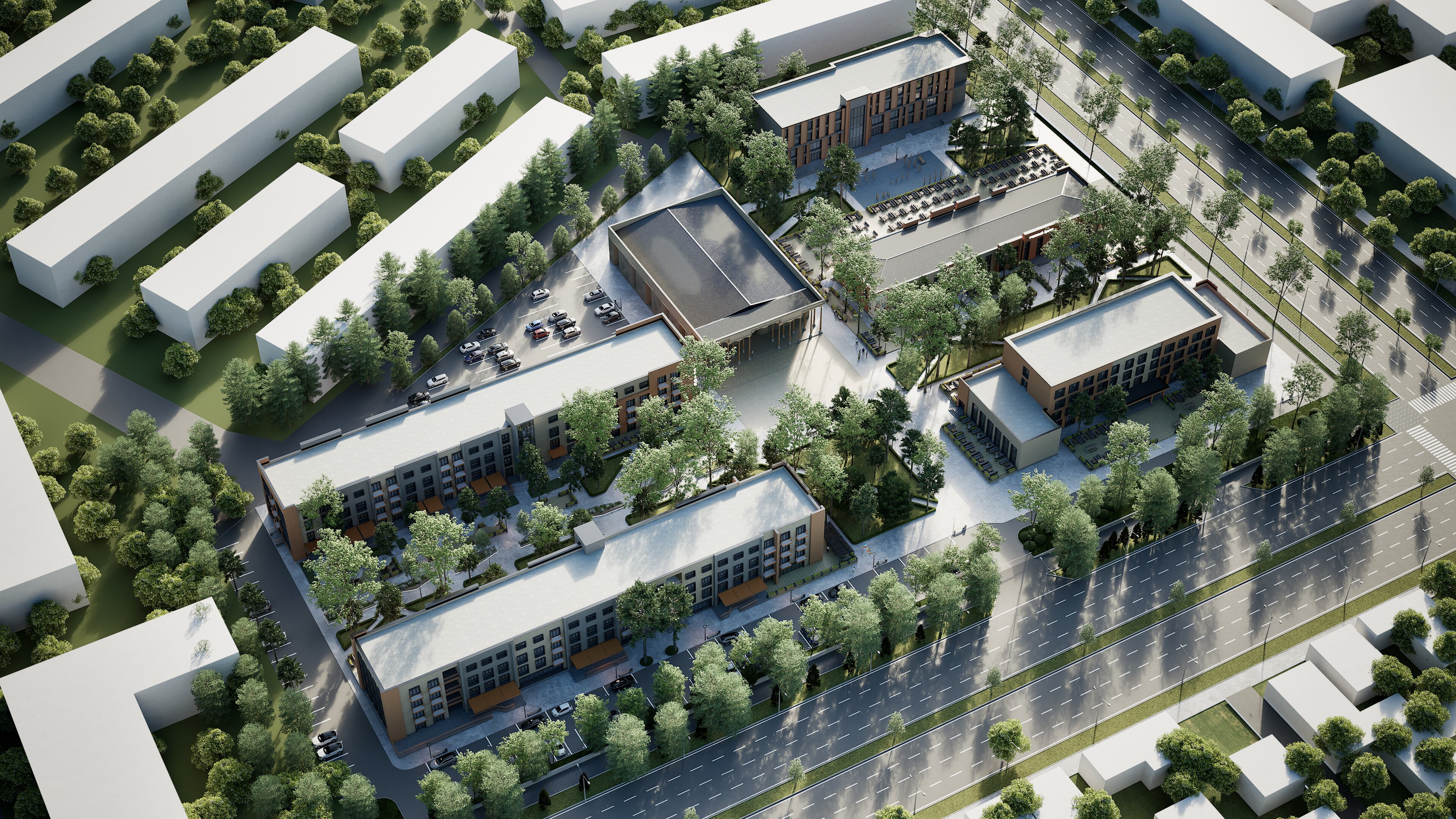 Аэрофотосъёмка современного кампуса Creative Avenue в городской среде